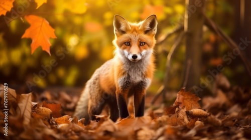 A red fox is standing in a pile of leaves © liliyabatyrova