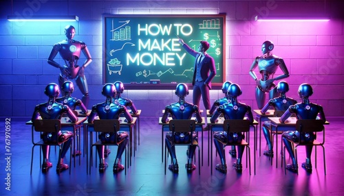 AI Robots learn  finance and how to make money in a neon-lit  futuristic blue and purple classroom.