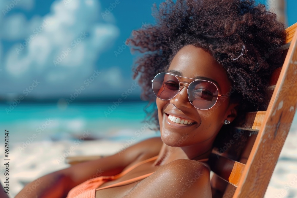 Portrait of happy young black woman relaxing on wooden deck chair at tropical beach 
