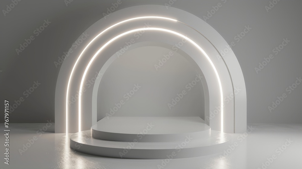 Abstract shine silver cylinder pedestal podium. Sci-fi white empty room concept with semi circle glowing neon lighting. Abstract shine silver cylinder pedestal podium. Sci-fi white empty room concept with semi circle glowing neon lighting.