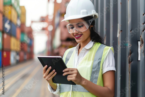 Smiling Portrait of a Beautiful Latin Female Industrial Engineer in White Hard Hat, High-Visibility Vest Working on Tablet 
