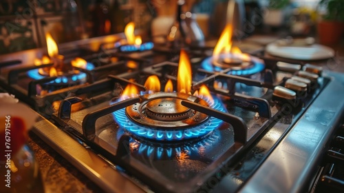 Close Up of Gas Stove With Blue Flames