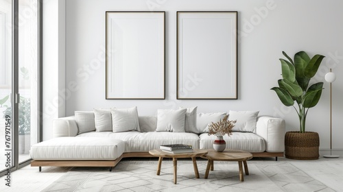 Modern living room with sofa and picture frames on the wall