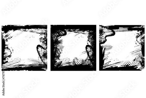 Glitch distorted noise defect error square frame set. Trendy border punk textured halftone banners
