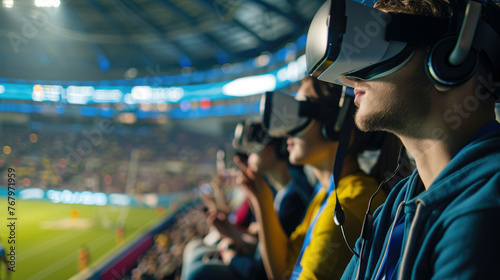 Virtual reality fan zones in a smart stadium, spectators wearing VR headsets for an immersive game view. 