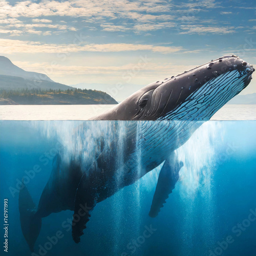 물위에 올라와 숨을 쉬고 있는 커다란 고래