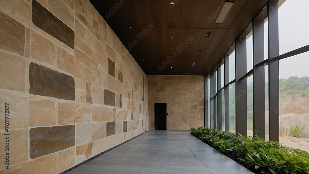 A modern corridor of width about 6 feet and length about 25 feet, one wall made of complete glass and other wall made of sandstone, Garden view at one glass side, opposite side sand stone, beauty ston