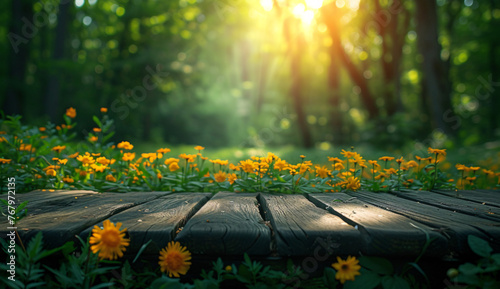 a wood plank with yellow flowers in the foreground
