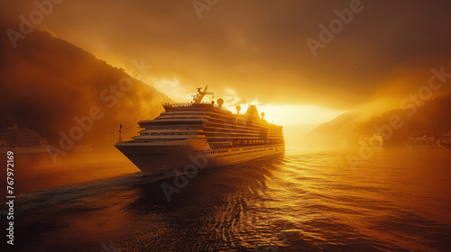 Cruise Ship Sailing in Ocean at Sunset