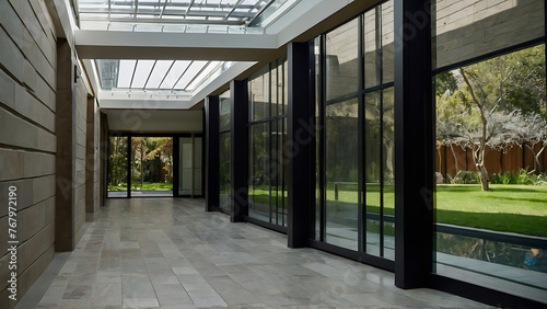 A modern corridor of width about 6 feet and length about 25 feet, one wall made of complete glass and other wall made of sandstone, gate at end with a canopy, garden view at glass side, design photo