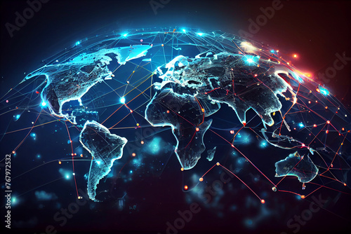 Social media, the globe, and glowing lights. The global network of the Internet. 