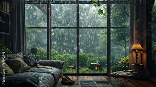 cozy rainy day at home. Cozy apartment bedroom with big window © Koihime
