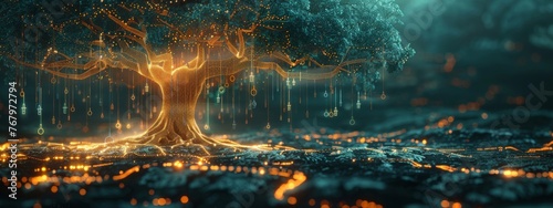 A glowing, digital tree whose roots and branches are shaped like keys and locks, illustrating the organic growth of IAM systems within organizations. The area above the tree is for text. photo