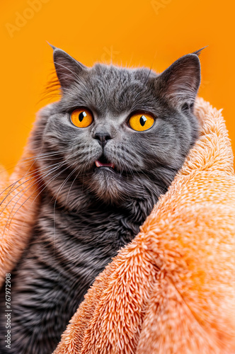 a british wet cat with orange eyes wrapped in orange towel, Just washed and wet, isolated on orange background,