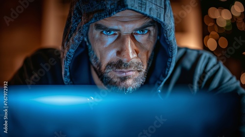 Man in Hooded Jacket Using Laptop Computer