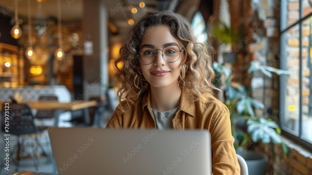 Young professional woman, smiling brightly, engaged in laptop work at a vibrant co-working space, epitomizing modern work culture.