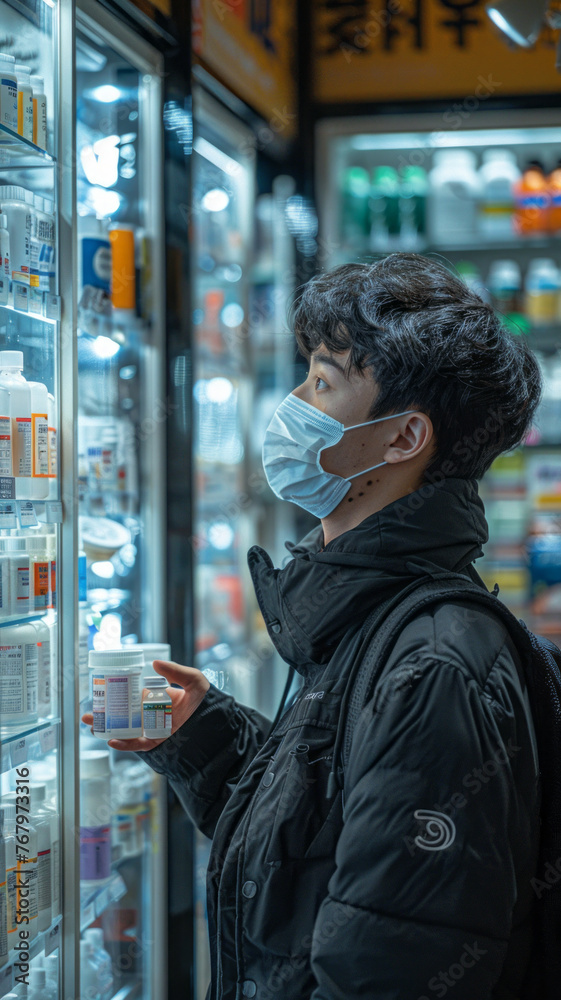 A thin Asian man wearing a mask is standing in a pharmacy, looking at the medicine in his hand.,generative ai