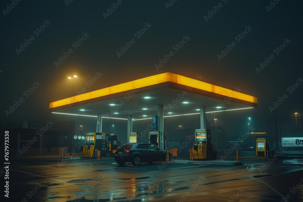 Obraz premium The gas station hummed with activity even at night, bathed in the glow of yellow neon lights