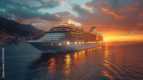Cruise Ship Sailing in Ocean at Sunset