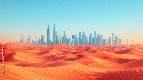 Middle east skyline with nature. abstract design template. skyscraper and dune sand, 3d illustration. isolated background. desert sand plot.