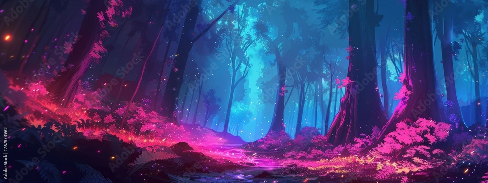 A journey through a glowing neon forest in a futuristic world.