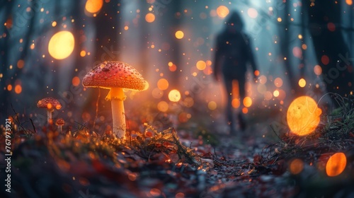 Hiker Walking Through Mushroom-Filled Forest