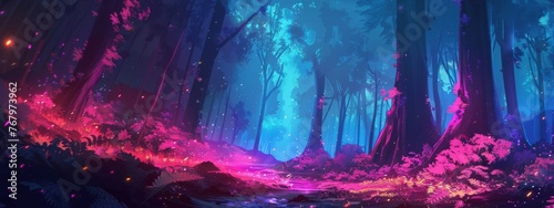 A journey through a glowing neon forest in a futuristic world. © Exnoi