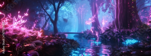 A journey through a glowing neon forest in a futuristic world. © Exnoi