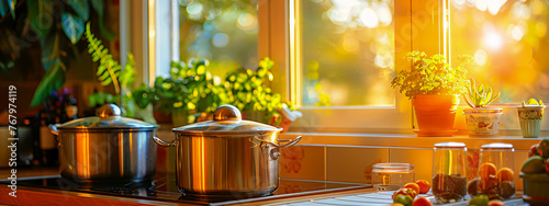 Modern Kitchen Cooking Scene, Metallic Pots on Stove, Home Interior Design © Jannat