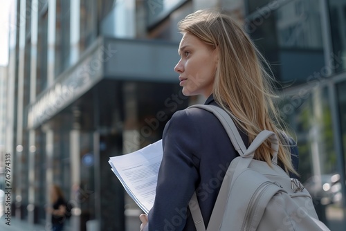 Woman walking on the street holding a file of documents in her hand