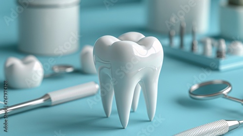 a 3D object illustration of a detailed tooth accompanied by essential medical tools for dental healthcare. Perfect for dental clinic or hospital business presentations.