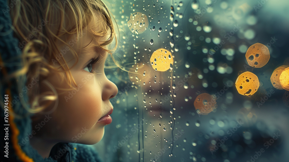 A pensive young child looks out a window streaked with raindrops, capturing a moment of contemplation and childhood wonder. A pensive young child looks out a window streaked with raindrops, capturing a moment of contemplation and childhood wonder.