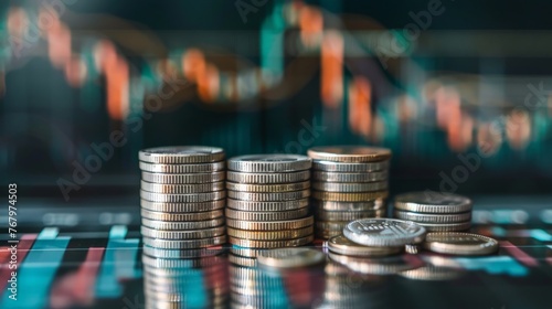 stack of silver coins with trading chart in financial concepts and financial investment business stock growth