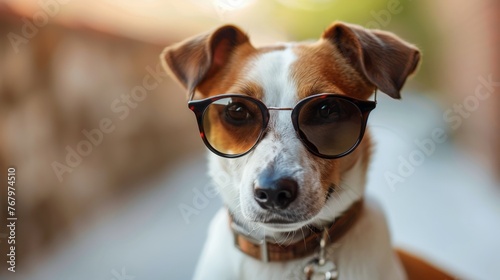 Brown Dog Wearing Sunglasses in Field © olegganko