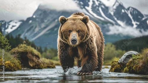 Brown Bear Walking Through River