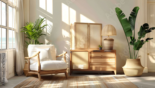 New interior of living room with comfortable armchair, chest of drawers, folding screen and houseplants