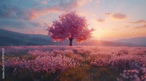 A lone cherry blossom tree standing majestically in a vast field, the first light of dawn casting a warm glow.