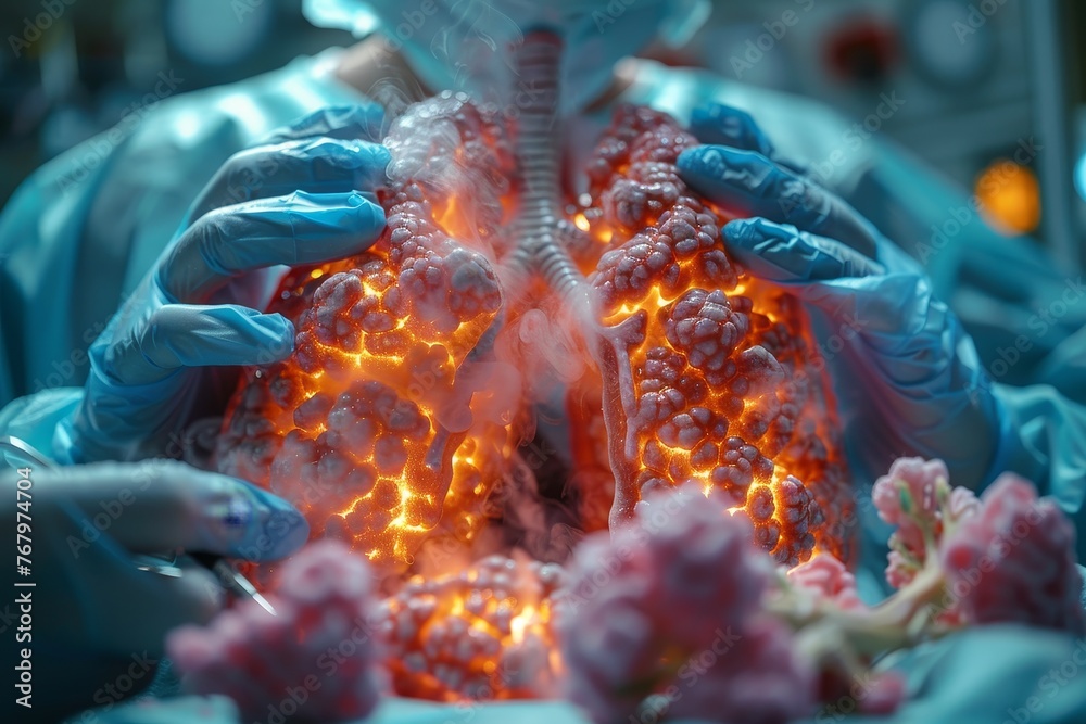  A conceptual 3D illustration of surgical intervention to remove a tumor from the human lungs, depicting medical procedures - obrazy, fototapety, plakaty 