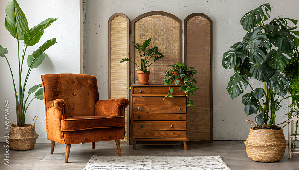 New interior of living room with comfortable armchair, chest of drawers, folding screen and houseplants