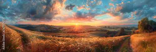 Rural landscape sunset panorama. generative ai