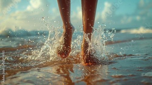 sea summer, woman legs bare foot walk sand beach make sea water splashes. seaside in evening light. girl tourist on summer vacation on tropical island resort, back view photo