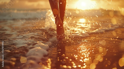 sea summer, woman legs bare foot walk sand beach make sea water splashes. seaside in evening light. girl tourist on summer vacation on tropical island resort, back view