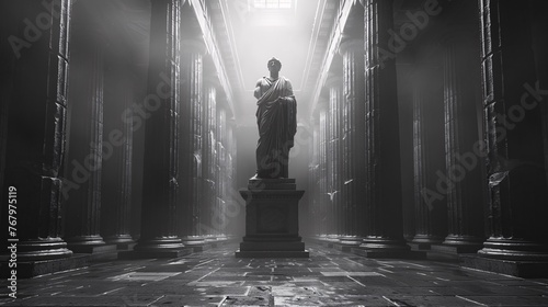 a dark of minimalist landscape depicting an ancient Greek society steeped in stoicism. Showcase ancient Greek architecture in black and white with a single monumental statue photo