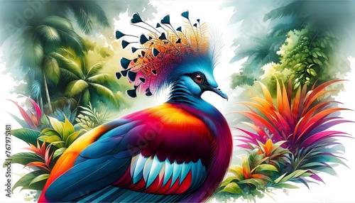 Vibrant Watercolor Painting of Victoria Crowned Pigeo Bird photo