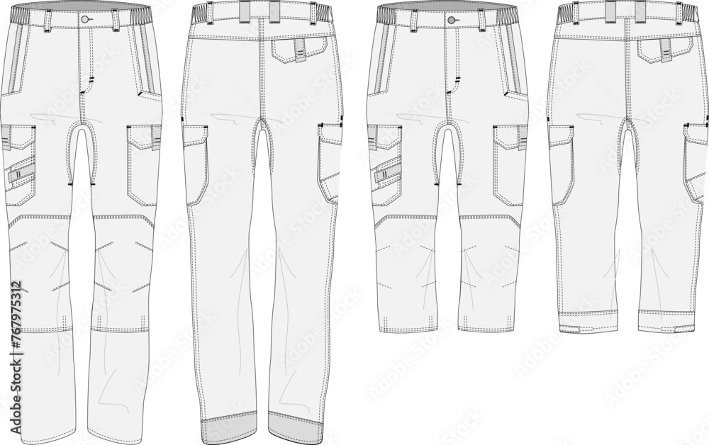 Work pant and capri set technical workwear fashion illustration isolated front and back views on a transparent background - obrazy, fototapety, plakaty 