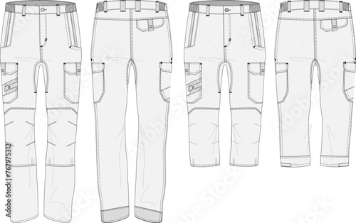 Work pant and capri set technical workwear fashion illustration isolated front and back views on a transparent background