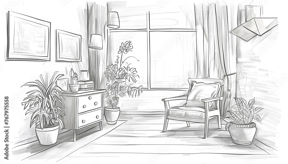 New interior of living room with comfortable armchair, chest of drawers, folding screen and houseplants New interior of living room with comfortable armchair, chest of drawers, folding screen and houseplants