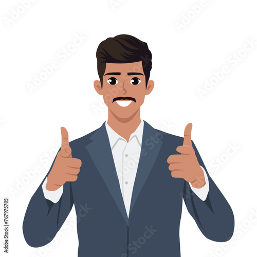 Young indian man in suit shows thumbs up. Flat vector illustration isolated on white background