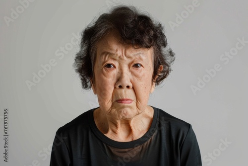 怒っている顔のシニアの日本人女性（おばあさん・おばあちゃん・イライラ・ストレス） photo