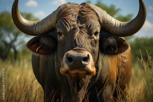 Majestic bull, imposing horns, grazing in Campo Verde., generative IA